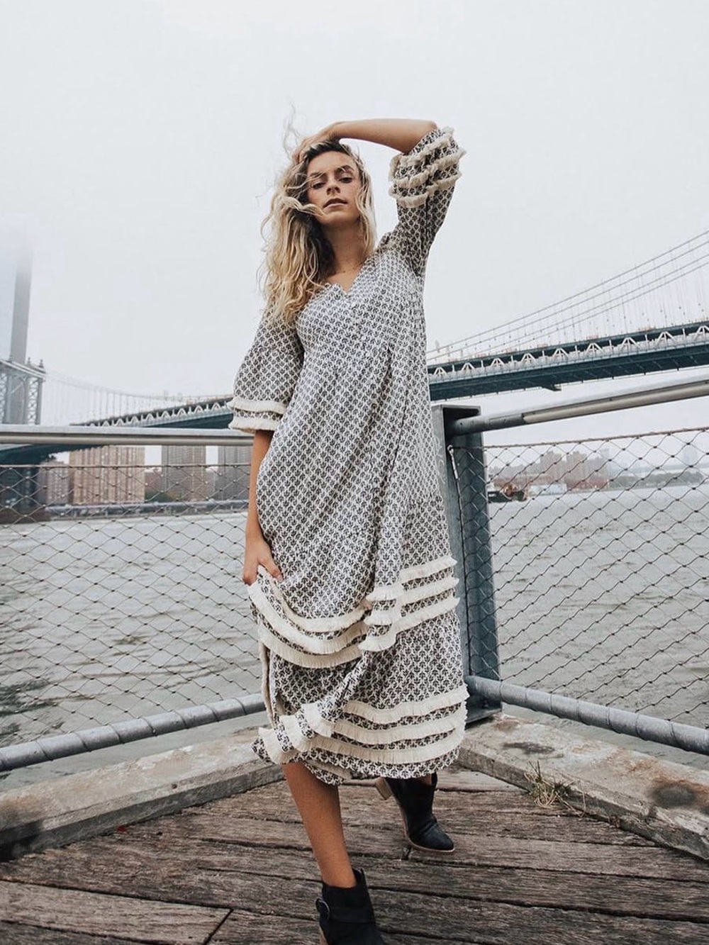 Boho Tiered Maxi Dress in Cream and Black